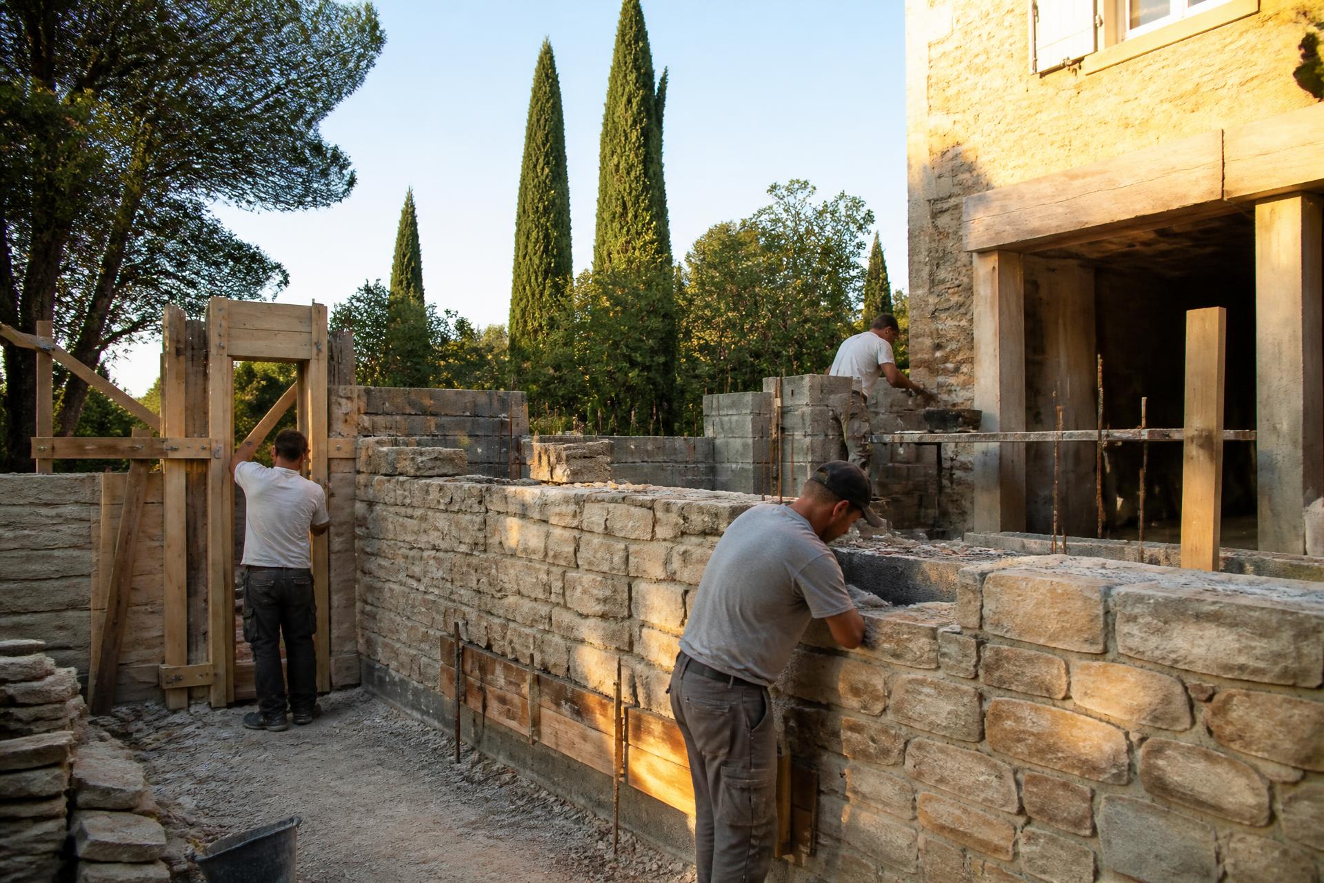 Maçons construisant un mur en pierre lors d'un chantier de gros œuvre en Provence